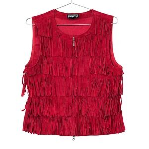 Berek Fringe Leather Vest Women PXS Red Western Boho Festival Layered Tassel 70s